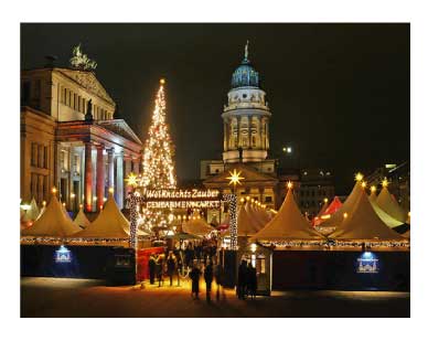 German Christmas market at night with lights