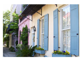 Rainbow Row, each house painted a different color, in Charleston, SC